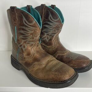 brown & teal square toe cowboy boots